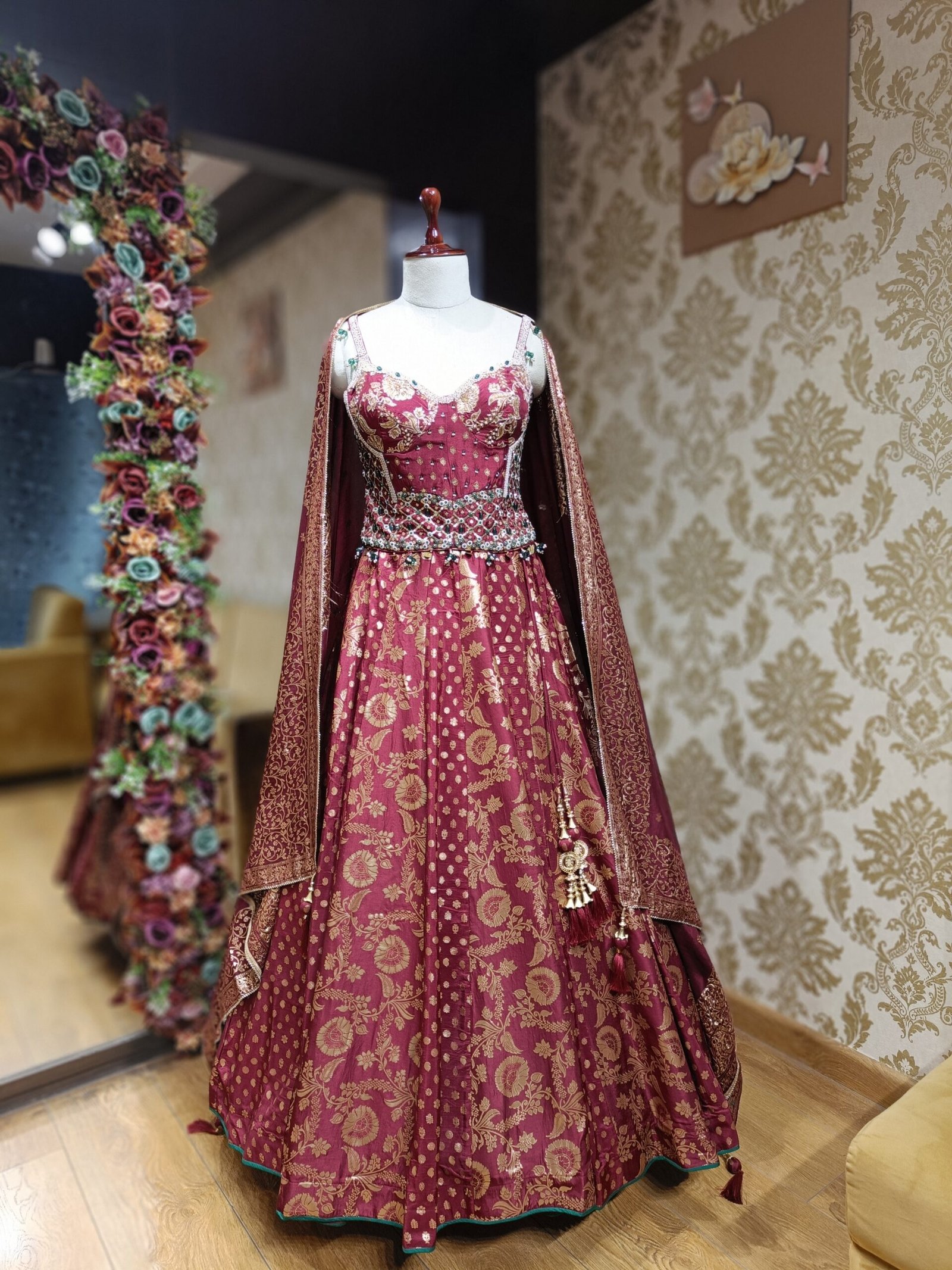 MAYURA BANARASI DARK MAROON STYLISH LENGHA SET