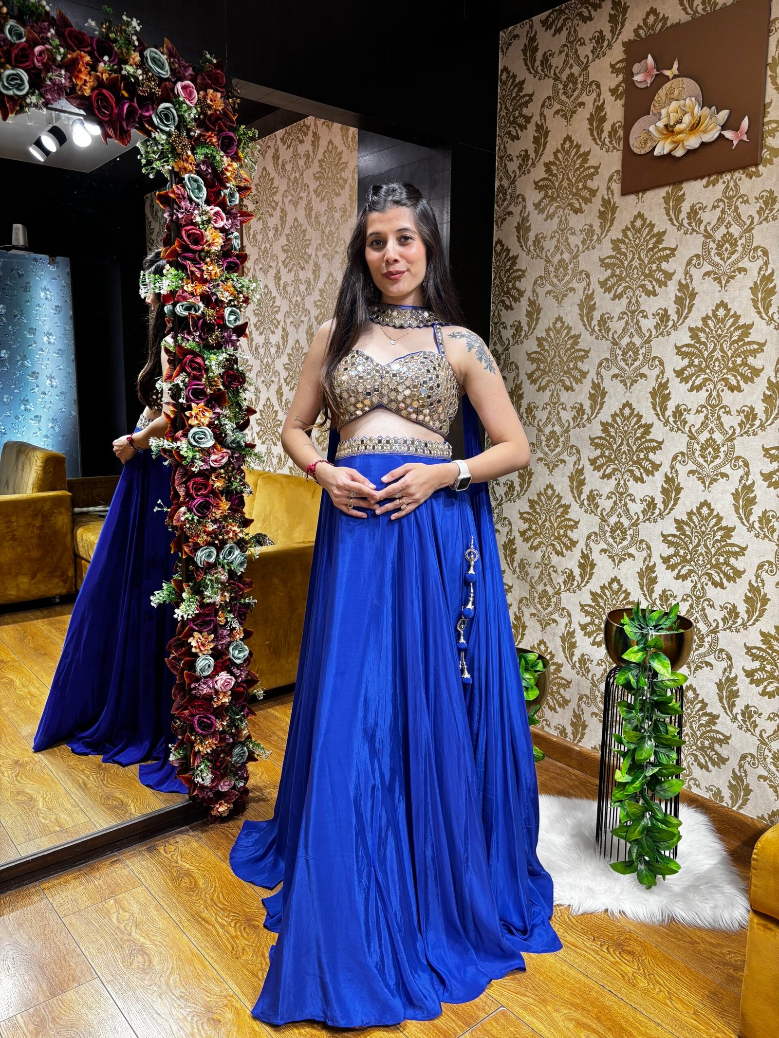 NIMAISH STYLISH HALTER MIRROR BLOUSE WITH FLARED SKIRT-ELECTRIC BLUE