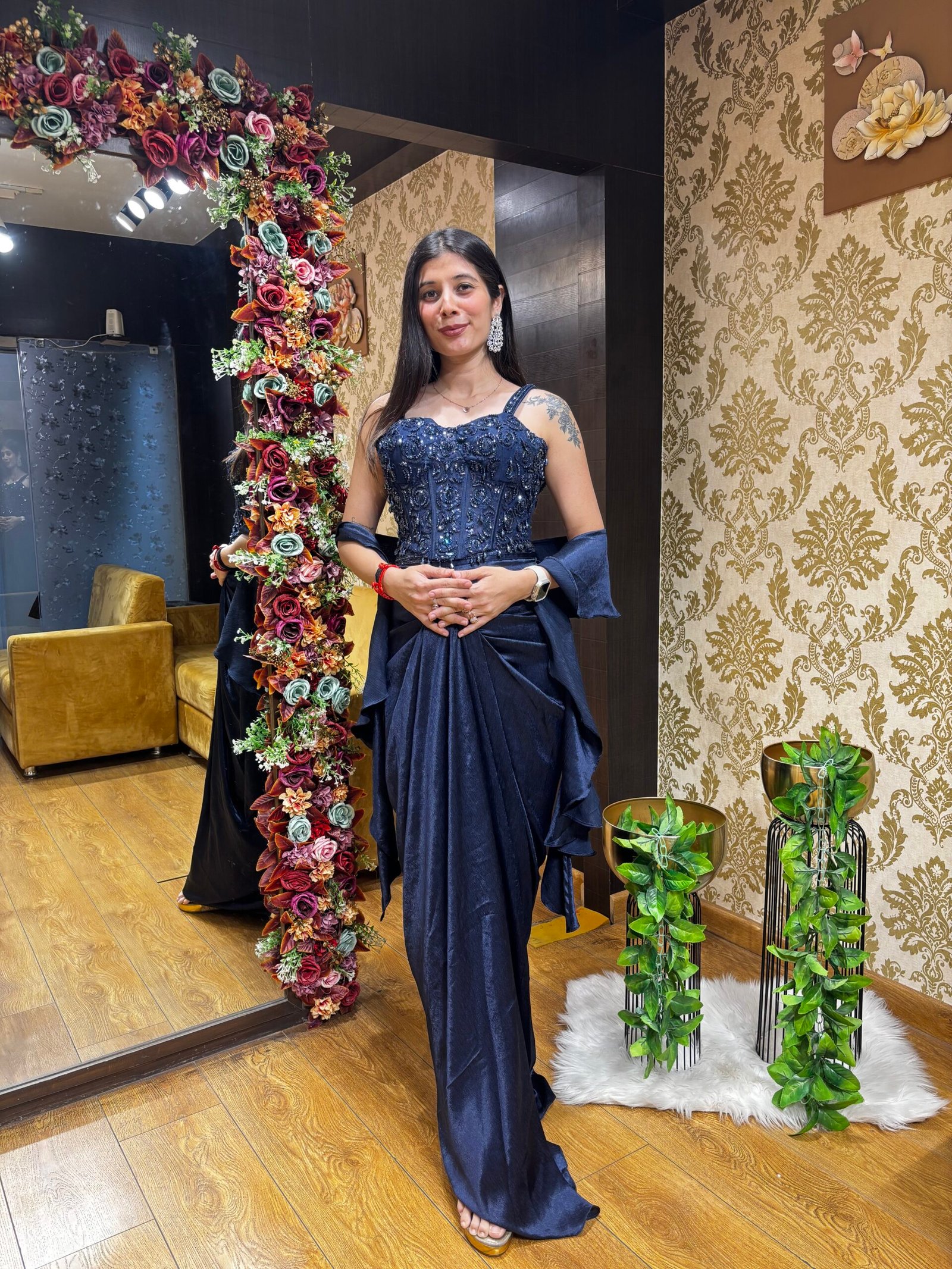 DARK NAVY BLUE PLEATED SKIRT WITH CORSET BLOUSE & RUFFLE DUPATTA
