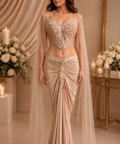 ELINA MERMAID DESIGNER DRAPE WITH DRAMATIC CORSET BELL SLEEVES-IVORY GOLD