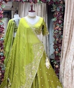 NOOR MEHAL HEAVY PURE GAJJI SILK LENGHA CHOLI WITH PURE HAND WORK-MEHNDI GREEN