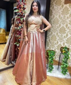 AFSANA TISSUE LENGHA CHOLI WITH CORSET BLOUSE & DUPATTA - ROSE GOLD