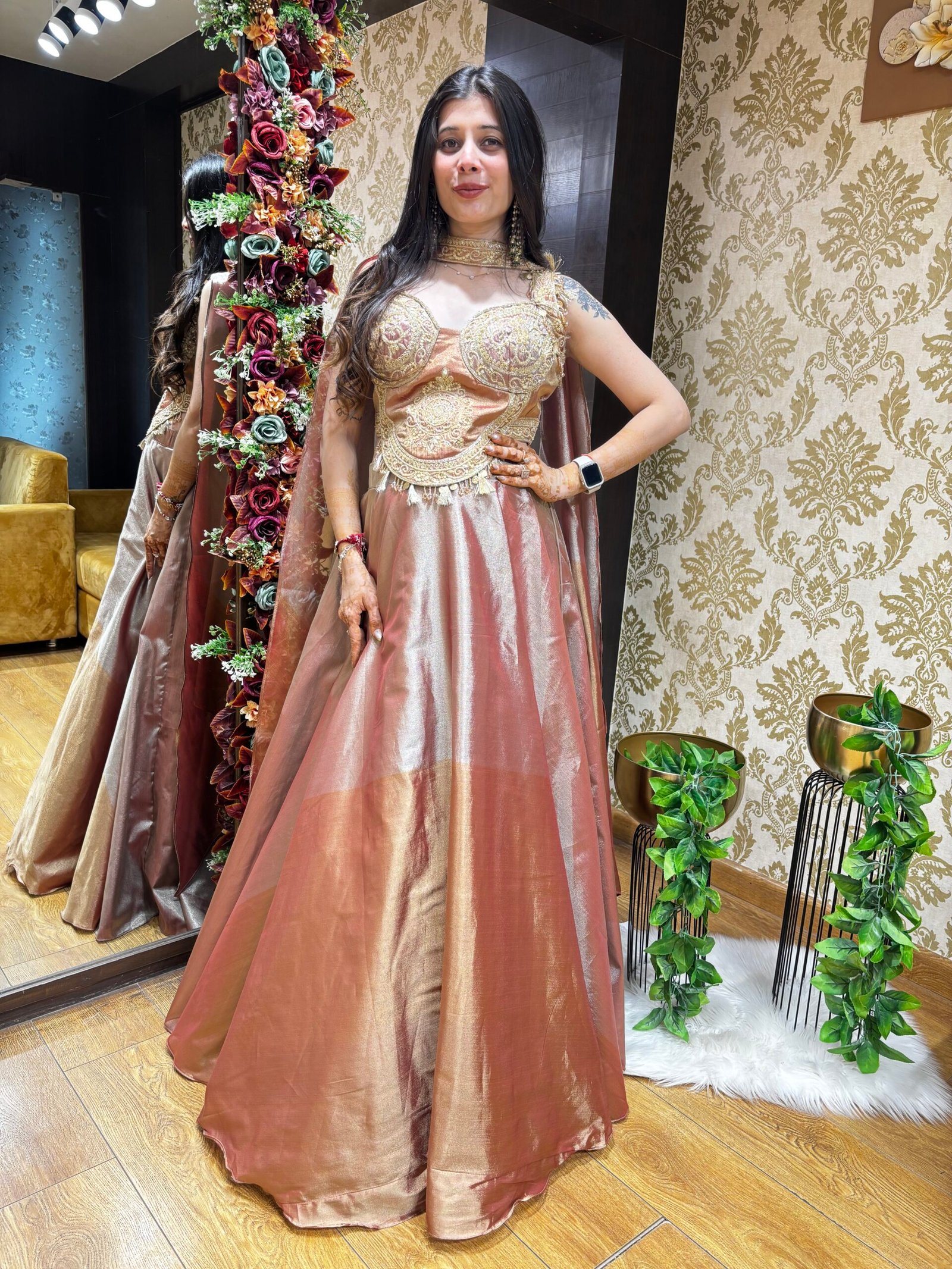 AFSANA TISSUE LENGHA CHOLI WITH CORSET BLOUSE & DUPATTA - ROSE GOLD