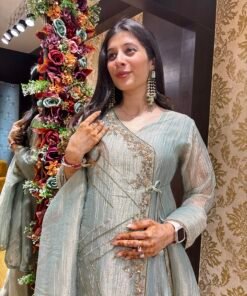 Alternative view of TISSUE SILK POWDER BLUE PLAZZO SET WITH ANAGARKHA STYLE TOP