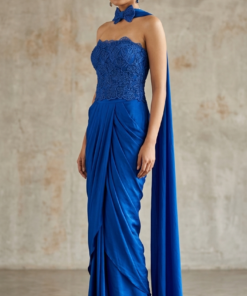 ELECTRIC BLUE PLEATED SKIRT WITH HEAVY WORK CORSET BLOUSE & DUPATTA