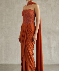 RUST PLEATED SKIRT WITH CORSET BLOUSE & DUPATTA