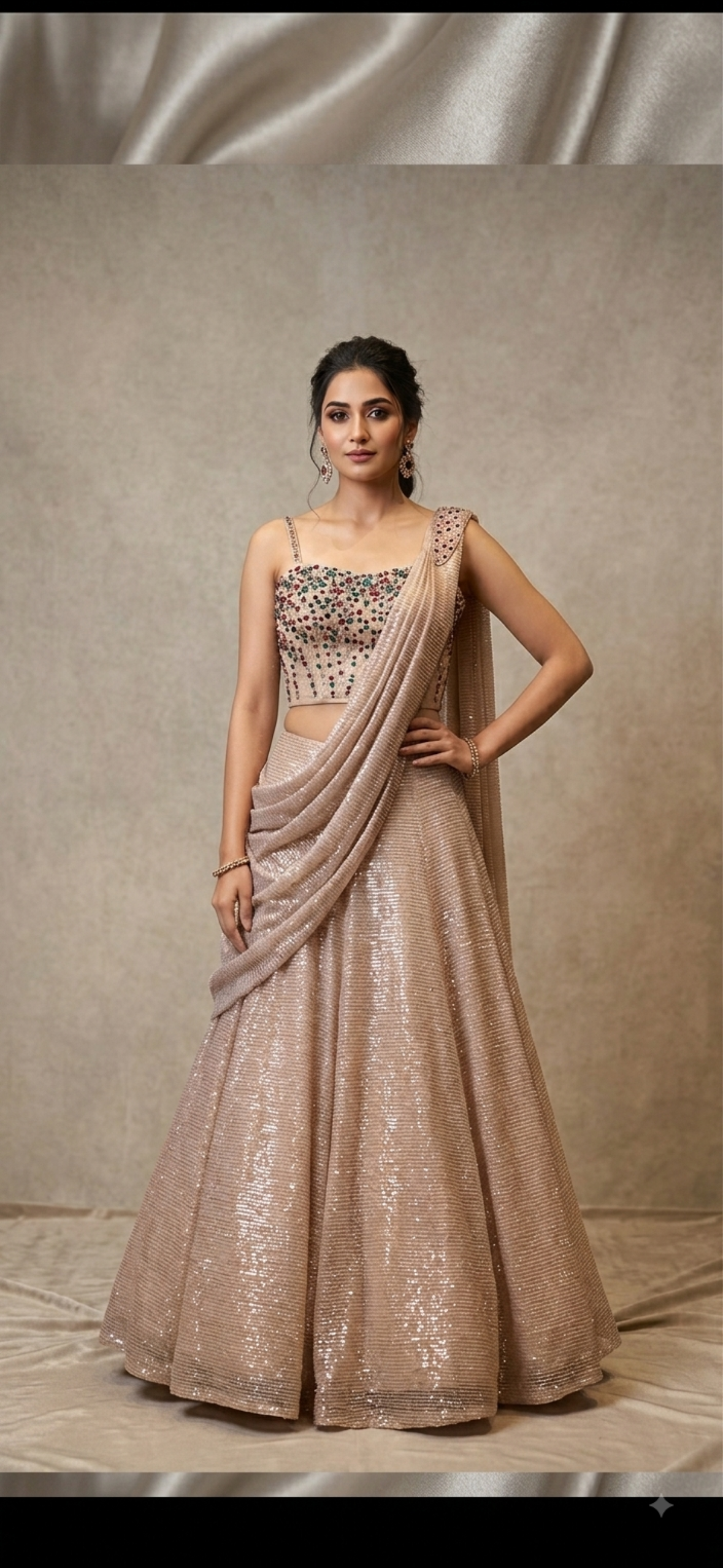 NAAZ JEWEL FISH CUT SKIRT WITH BEAUTIFUL CORSET & DRAPE-ROSE GOLD