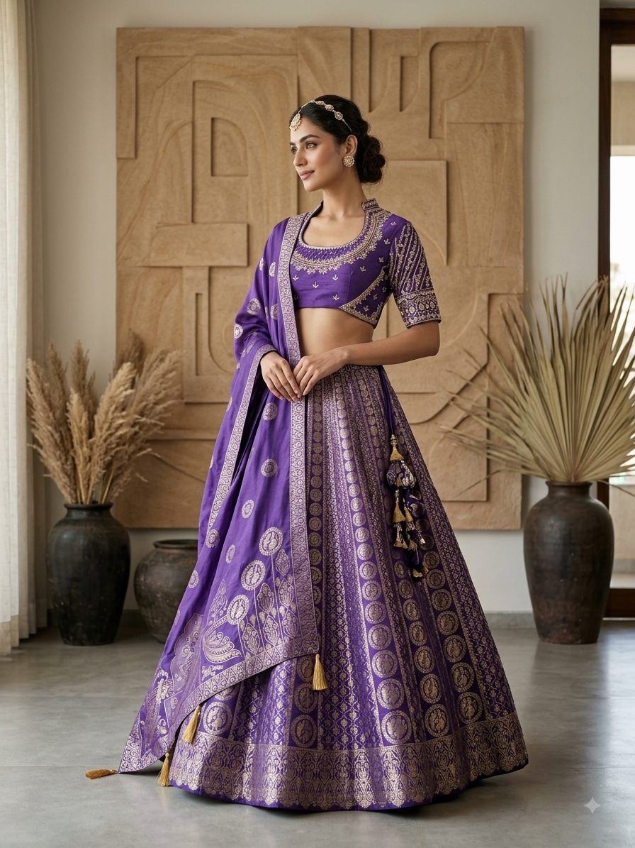 HOOR HEAVY BANARASI SILK LENGHA CHOLI WITH HEAVY DUPATTA-PURPLE