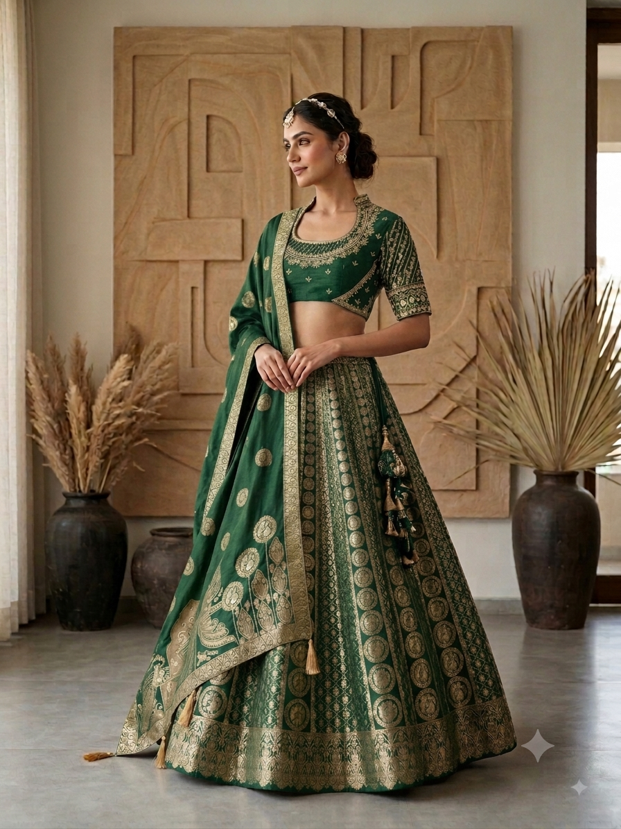 HOOR HEAVY BANARASI LENGHA CHOLI WITH HEAVY DUPATTA-RAW MANGO GREEN