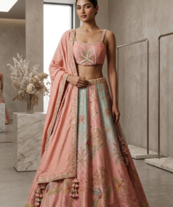 ROSHINI MINT GREEN & BABY PINK BANARASI STYLISH LENGHA CHOLI WITH CHANDERI DUPATTA