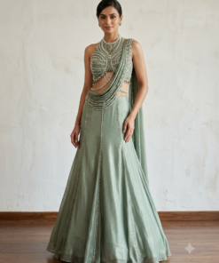 SAGE GREEN MERMAID DESIGNER DRAPE PEARL LENGHA CHOLI