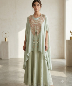 MINT SAGE GREEN PLAZZO SUIT WITH TASSELED CAPE
