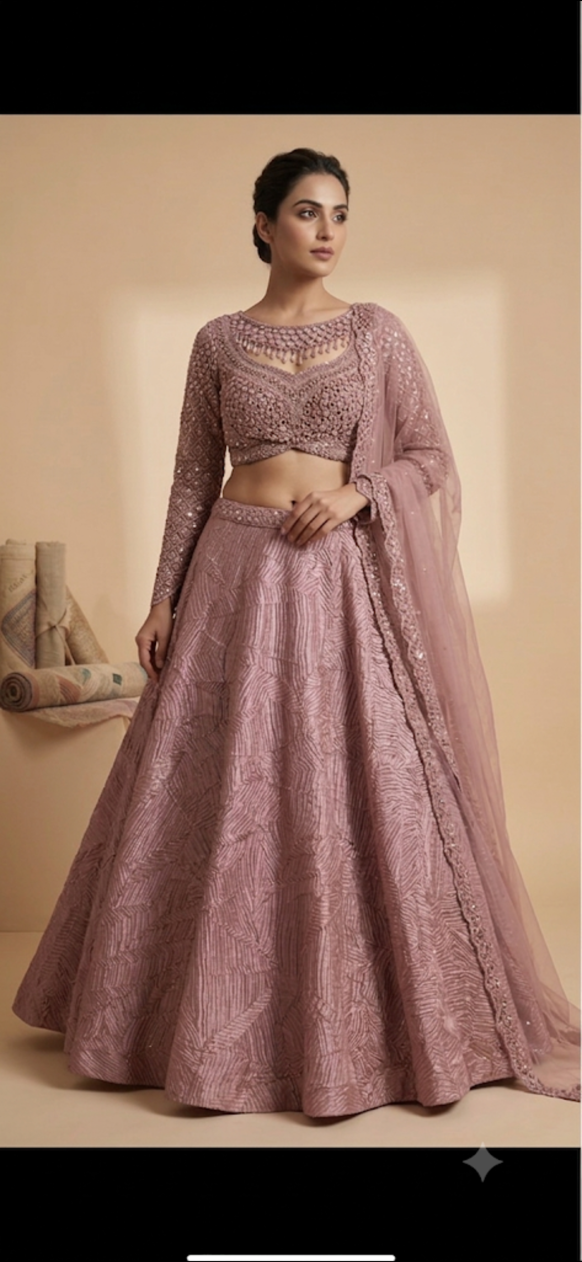 MAUVE HEAVY TEXTURED LENGHA WITH DESIGNER JEWELERY NECKLACE BLOUSE