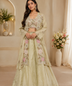 JIYANA PURE RAW SILK PISTA SAGE SKIRT SET WITH HEAVY DESIGNER CAPE JACKET