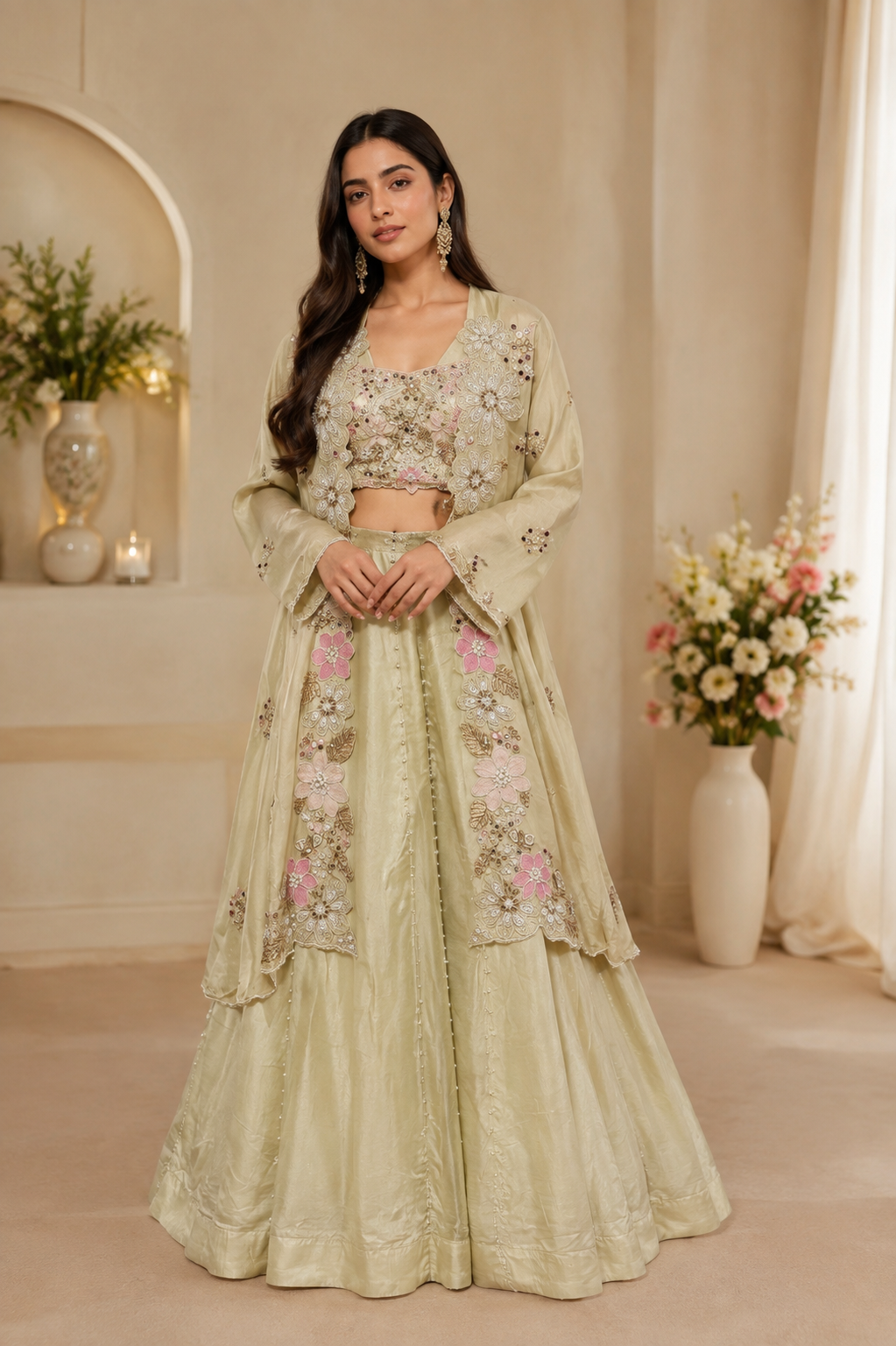 JIYANA PURE RAW SILK PISTA SAGE SKIRT SET WITH HEAVY DESIGNER CAPE JACKET