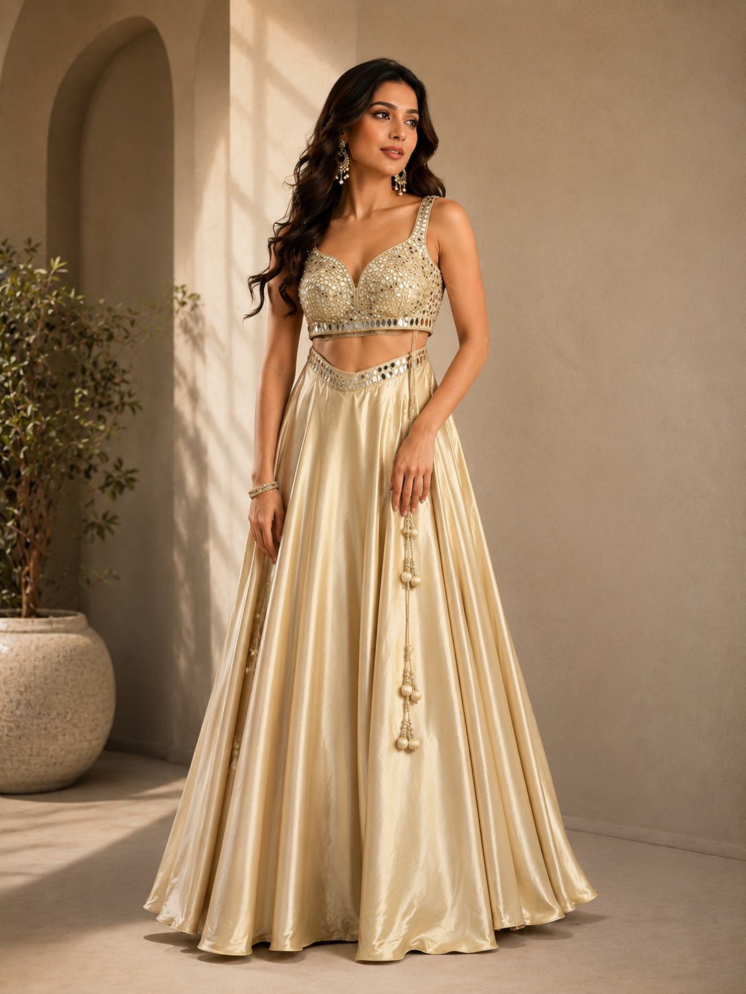 ALIYA SLEEK GOLD LENGHA WITH MIRROR CHOLI & NECK BELT DUPATTA