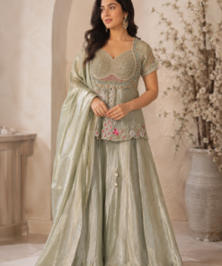 MIRAYA PISTACHIO GREEN SKIRT SET WITH DESIGNER PEPLUM & DUPATTA