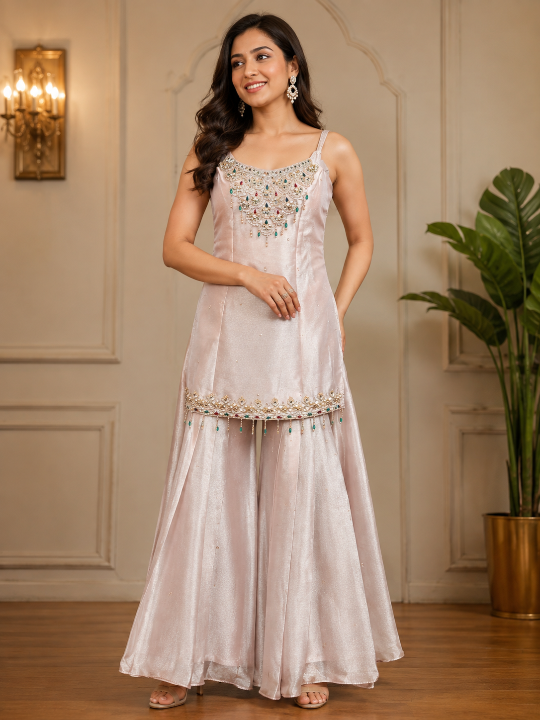 SHIMMER TISSUE ROSE GOLD FLARED SHARARA SUIT WITH JEWEL NECK BELT DUPATTA