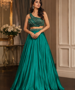 KINAYA ONE SIDE SHOULDER LENGHA CHOLI WITH DUPATTA-BOTTLE MANGO GREEN