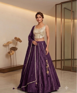 MAHI PURE GAJJI SILK BANDHEJ LENGHA WITH MIRROR CHOLI-DARK PURPLE