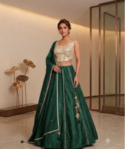 MAHI PURE GAJJI SILK BANDHEJ LENGHA WITH MIRROR CHOLI-BOTTLE GREEN