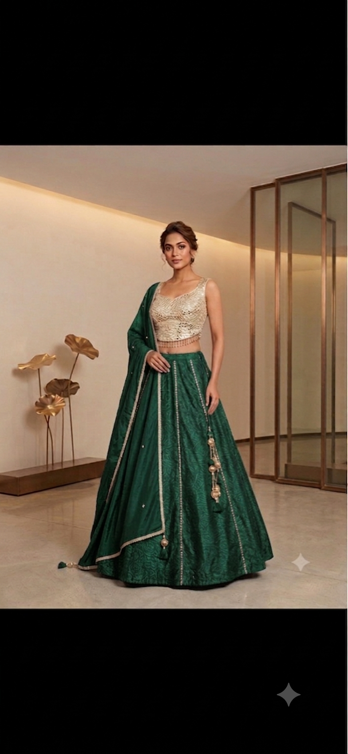 MAHI PURE GAJJI SILK BANDHEJ LENGHA WITH MIRROR CHOLI-BOTTLE GREEN