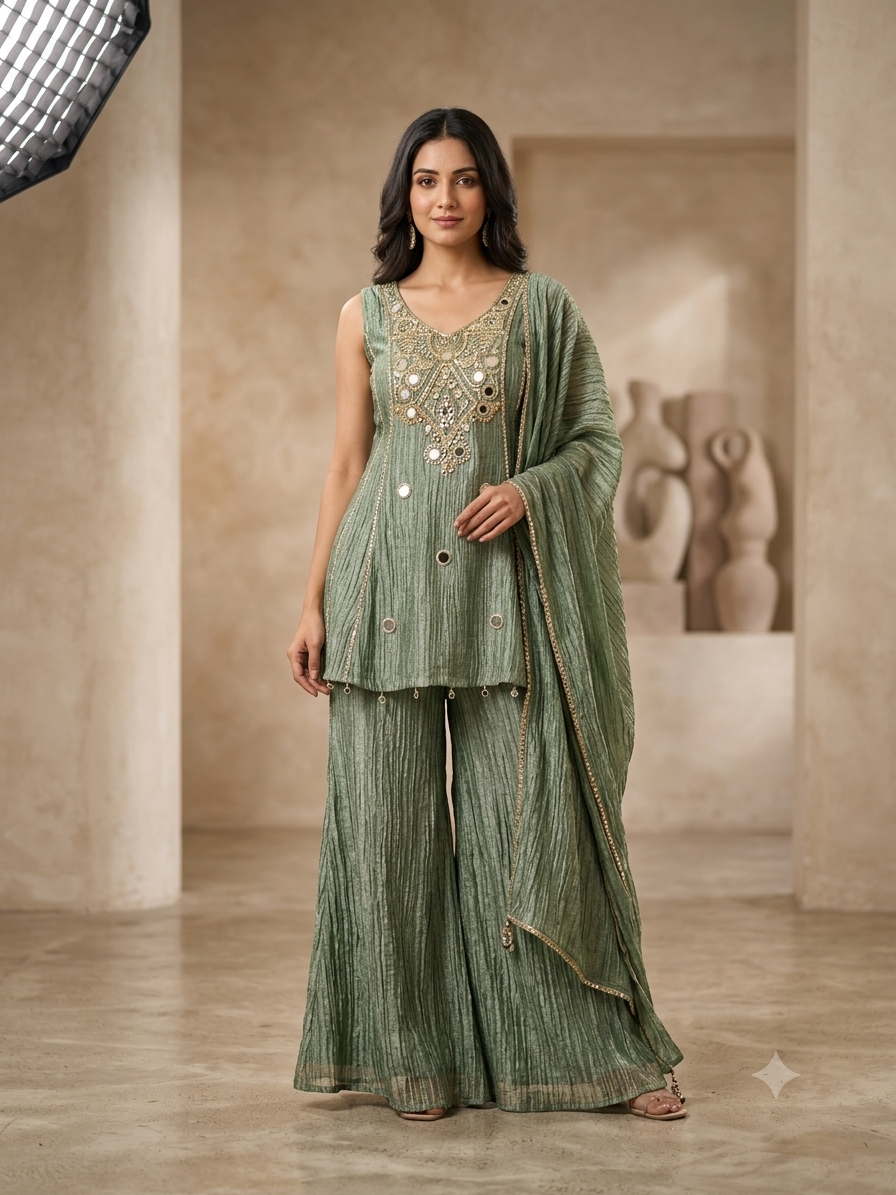 EVAYA STYLISH PLAZZO SUIT WITH DUPATTA-SAGE GREEN