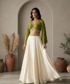 KIYA DESIGNER FLARED PLAZZO WITH BANDHEJ RAW MANGO GREEN BLOUSE