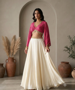 KIYA DESIGNER FLARED PLAZZO WITH BANDHEJ BLOUSE-CHERRY RED
