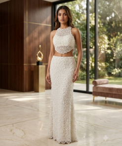 KIMISHA MERMAID HEAVY SKIRT WITH HALTER NECK BLOUSE & SASH CUM DUPATTA - IVORY