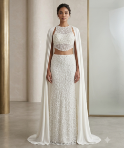 Alternative view of KIMISHA MERMAID HEAVY SKIRT WITH HALTER NECK BLOUSE & SASH CUM DUPATTA - IVORY