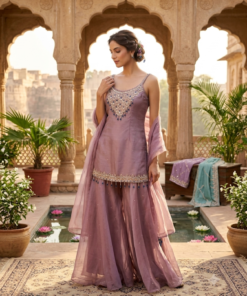 LEENA MAUVE PINK HEAVY SHARARA SUIT WITH JEWEL DUPATTA
