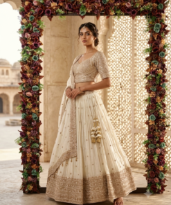 ZULFI IVORY HEAVY LENGHA CHOLI WITH ELBOW SLEEVES CORSET BLOUSE & DUPATTA
