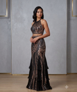 MISHA DARK OLIVE GREEN & GOLD MERMAID SLIT SKIRT SET WITH HALTER NECK BLOUSE