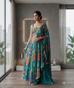 YAMI LIGHT TURQUOISE PLAZZO SET WITH FLORAL ONE SIDE SASH