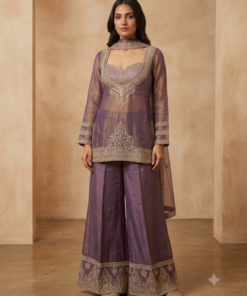 PURPLE PLAZZO SET WITH OVERLAP TOP & NECK BELT DUPATTA