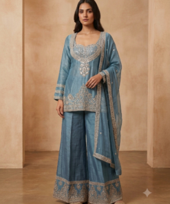 OCEAN BLUE PLAZZO SET WITH OVERLAP TOP & NECK BELT DUPATTA