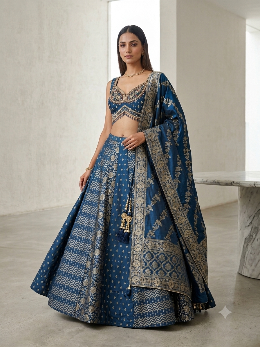 MAHIMA INSPIRED ROYAL BANARASI TUQUOISE LENGHA SET