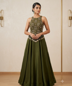 MIHATI HEENA GREEN DESIGNER BLOUSE LENGHA CHOLI WITH NECK BELT DUPATTA