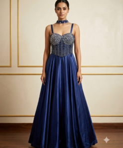 ROYAL BLUE MISHTI CREPE SKIRT WITH SWAROWSKI WORK CORSET BLOUSE & NECK BELT DUPATTA